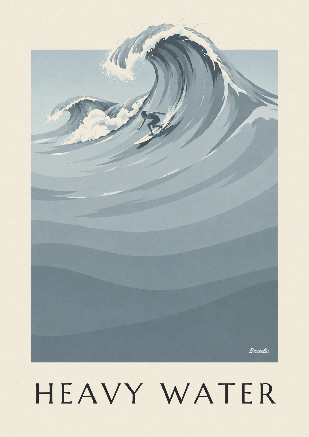 Surfer and giant wave in gray-blue tones poster