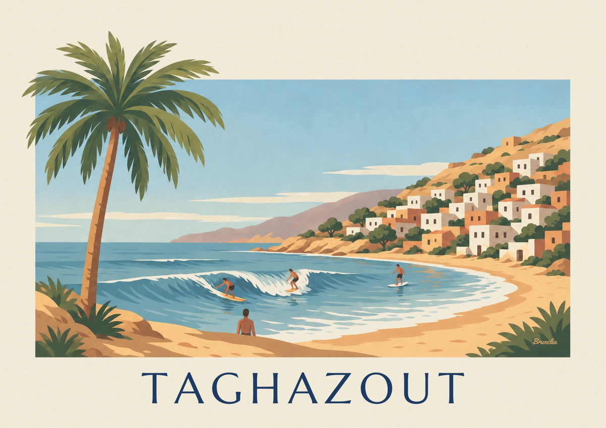 Surfers in Taghazout Bay, Morocco poster