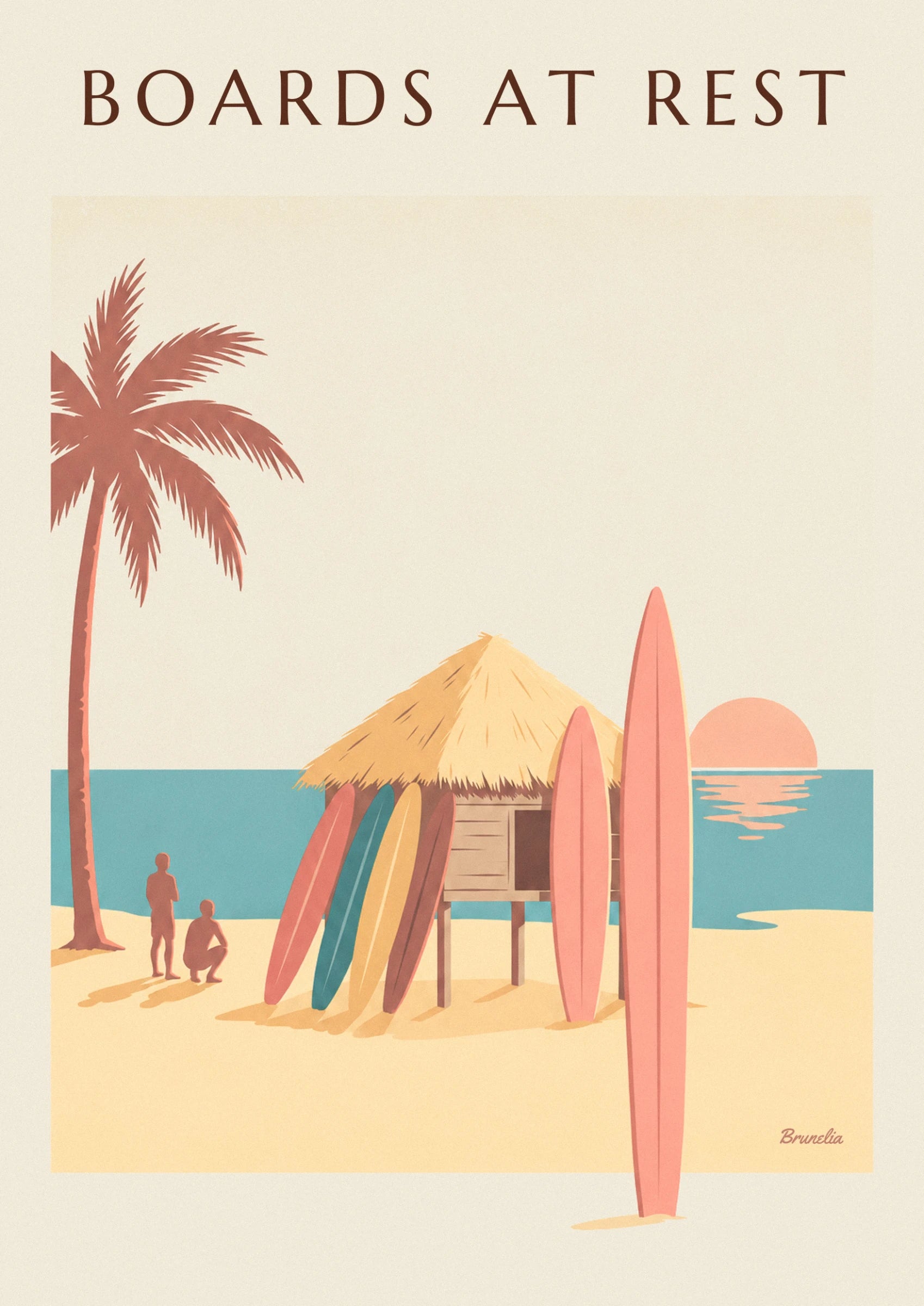 The thatched beach hut on stilts, surrounded by pink, yellow and blue surfboards
