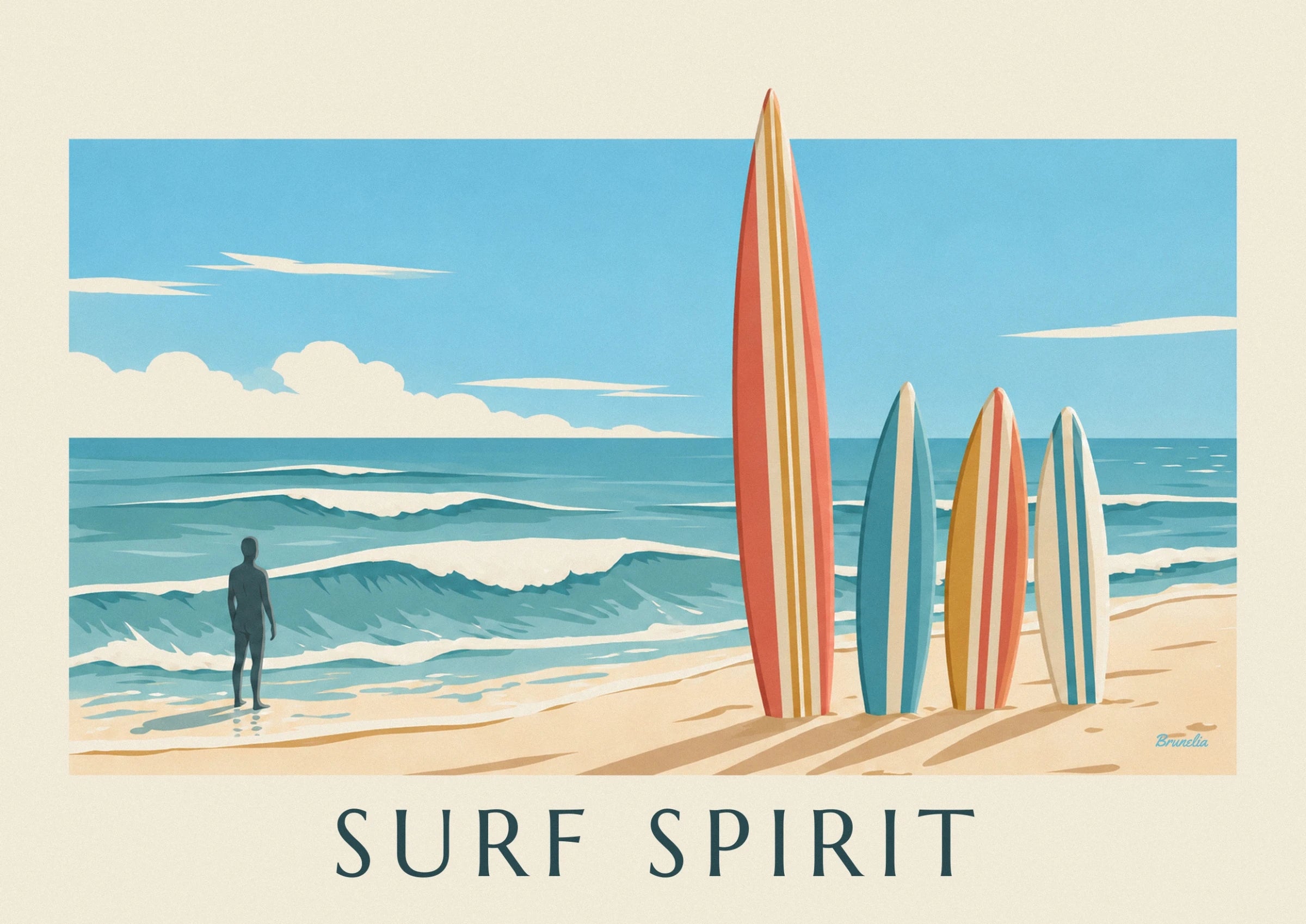 The surfboards with turquoise, cream and coral stripes on the golden sand