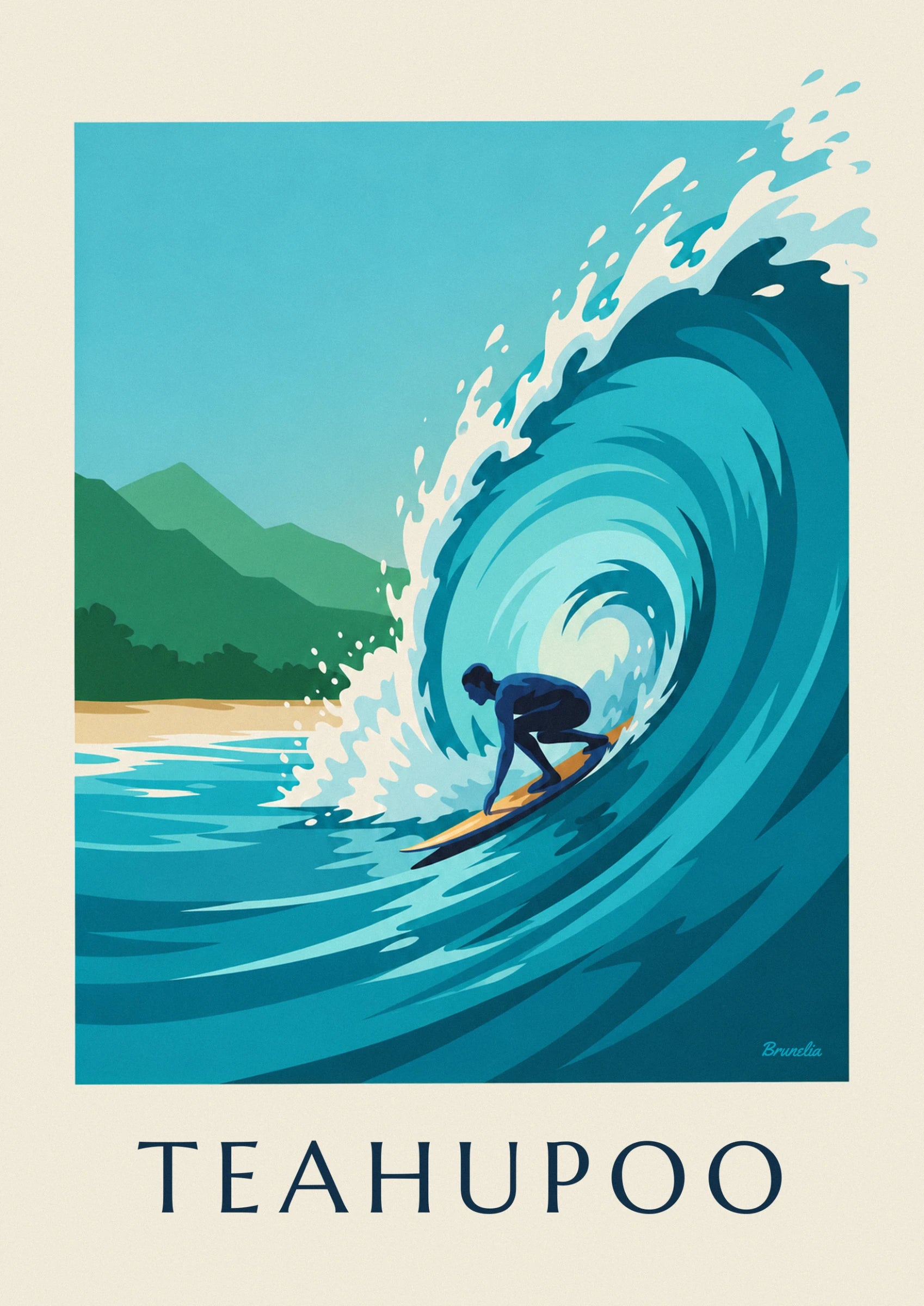 Der Surfer in der Hocke auf seinem gelben Board im türkisfarbenen Barrel