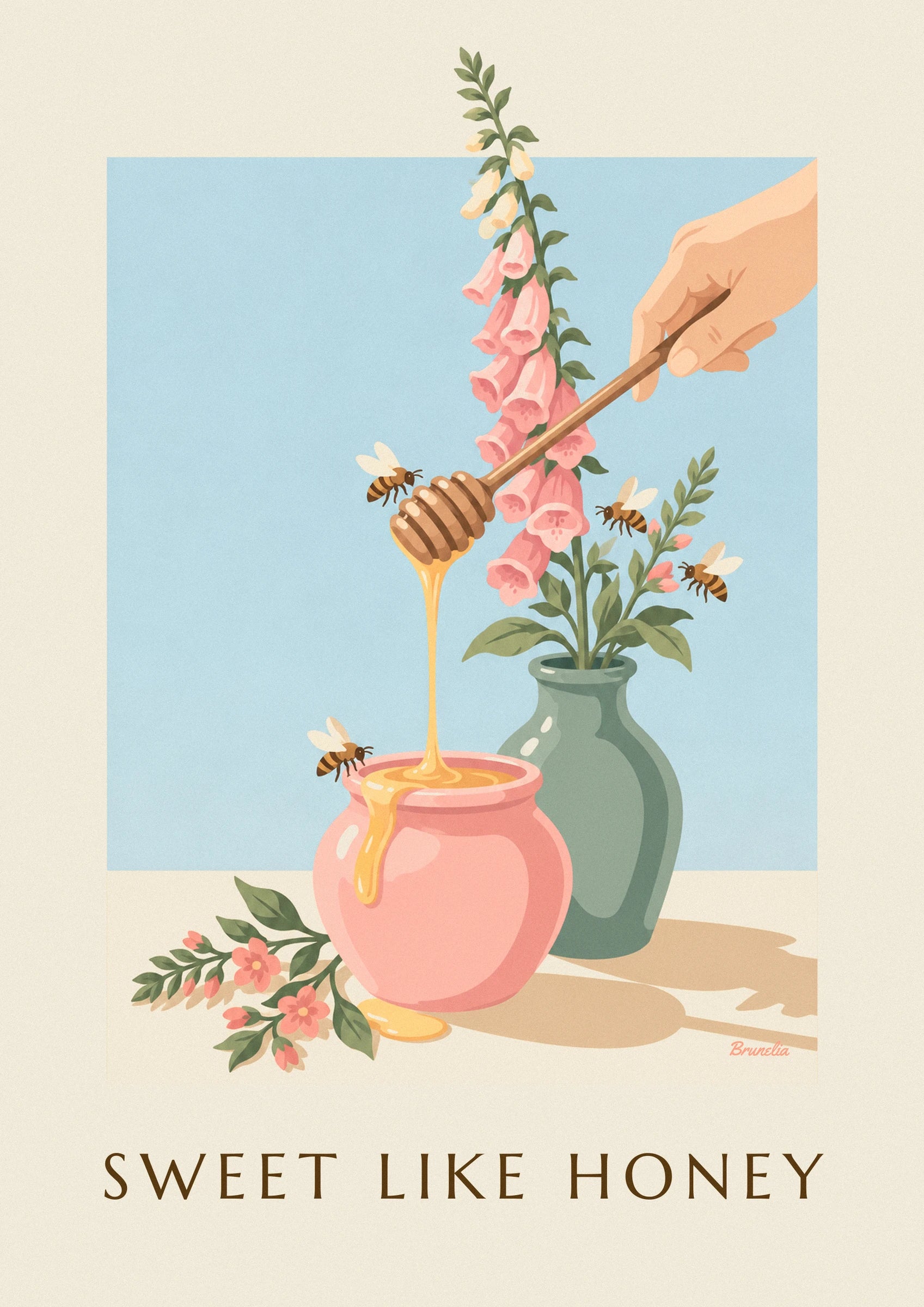 Poster goldener Honigtopf, Holzlöffel und Bienen: Detail in Nahaufnahme