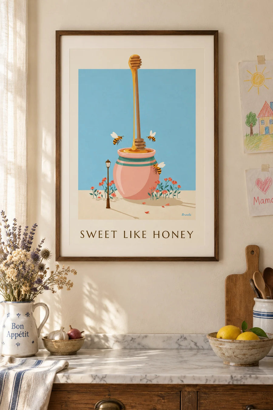 Poster of a golden honey jar, wooden spoon and bees: framed on the wall