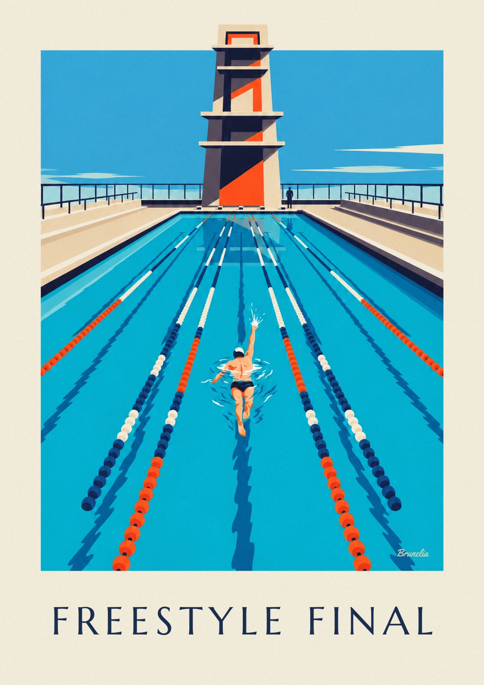 Der Schwimmer mit weißer Badekappe, ein Arm ausgestreckt zwischen den orange-weißen Bahnleinen