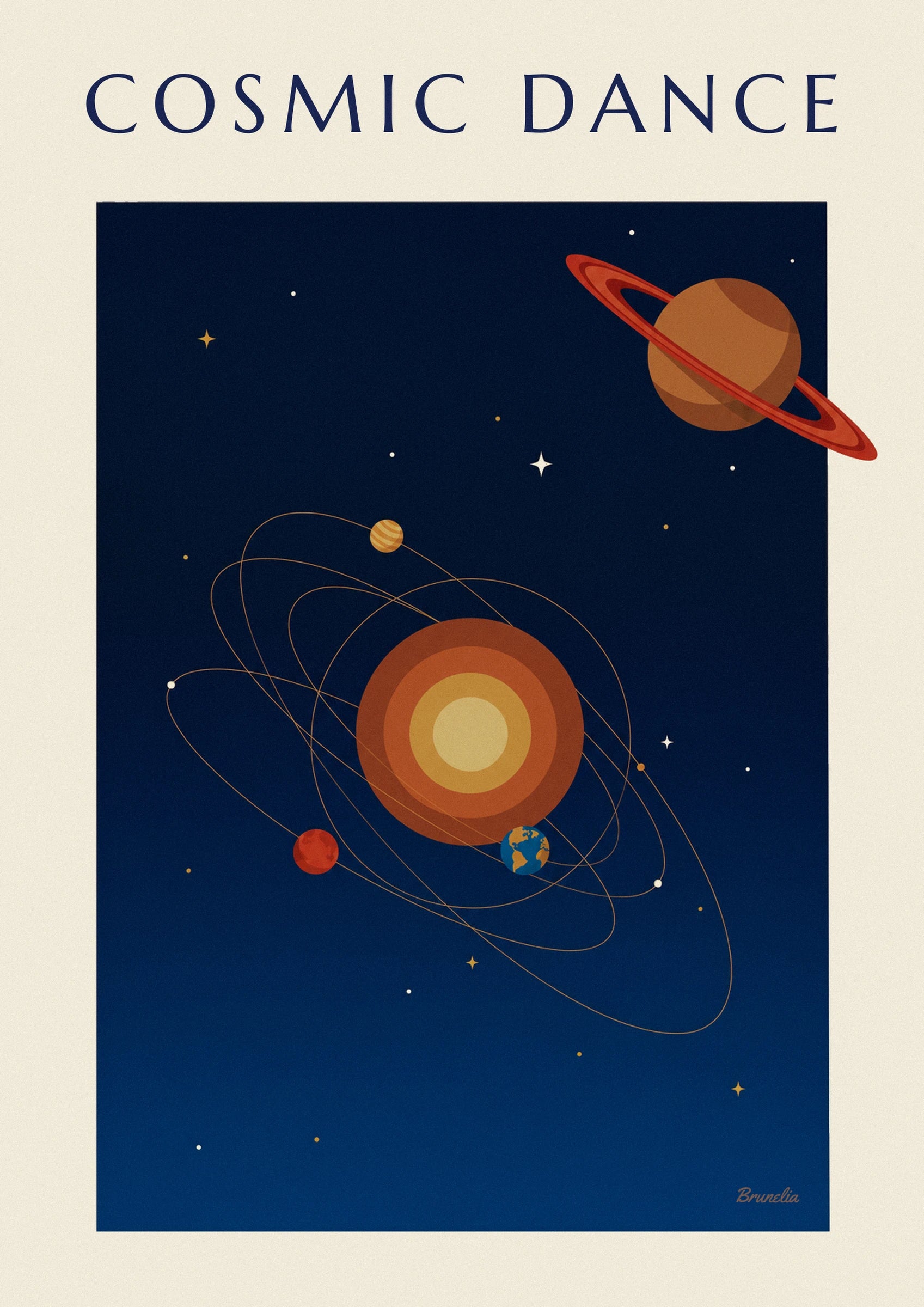 Saturn and orbiting planets midnight blue poster: close-up detail