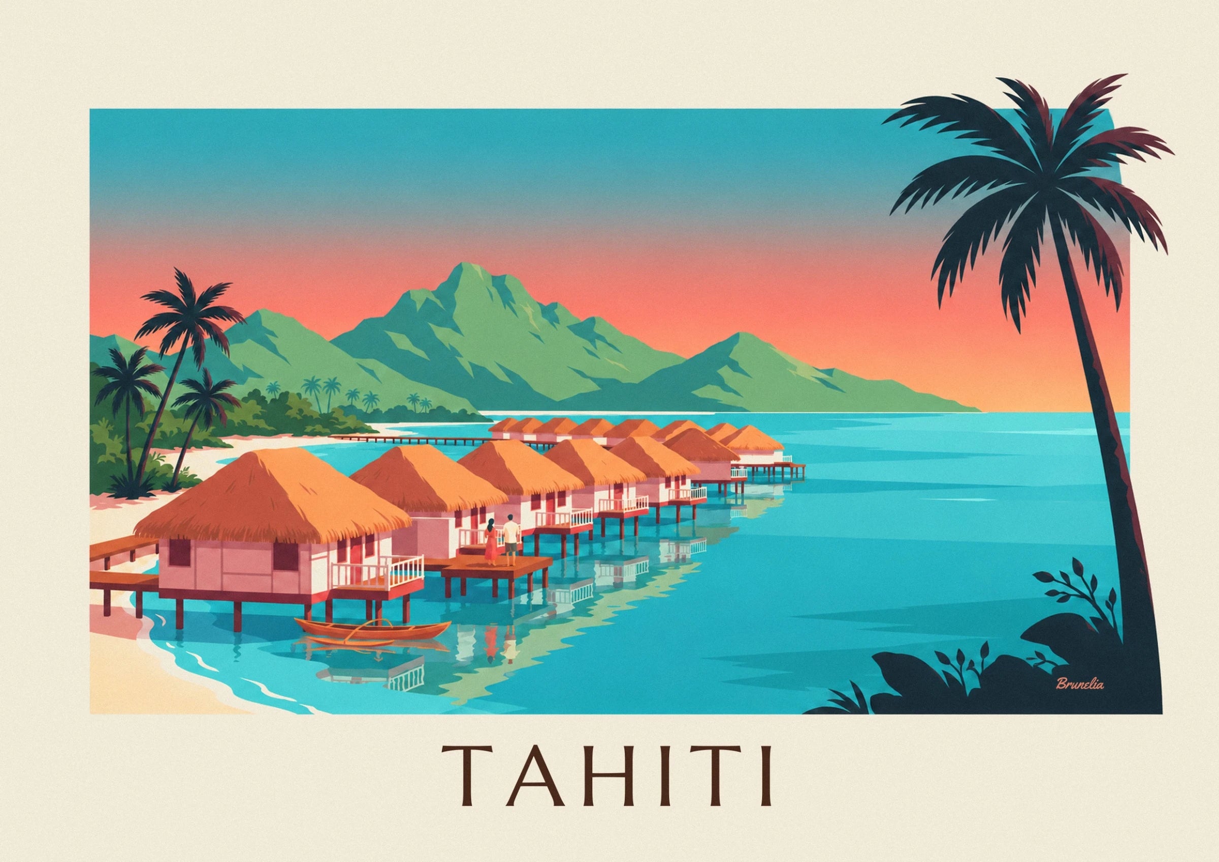 Ein Paar auf einem Steg und die Überwasserbungalows, die sich in der türkisfarbenen Lagune spiegeln