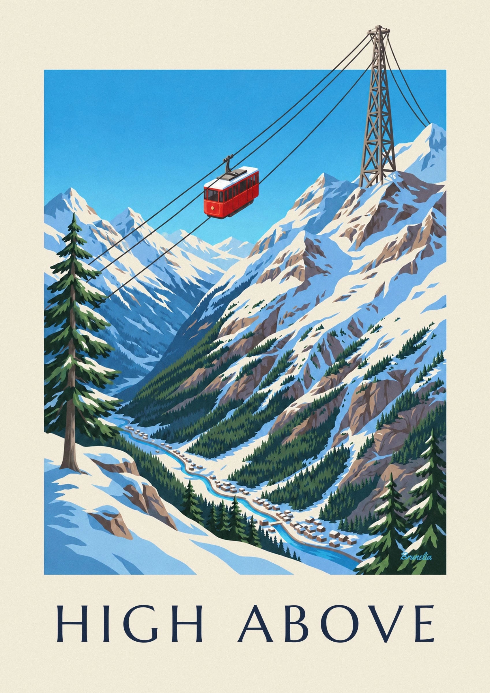 The red cable car with a white roof hanging from cables above the snowy peaks