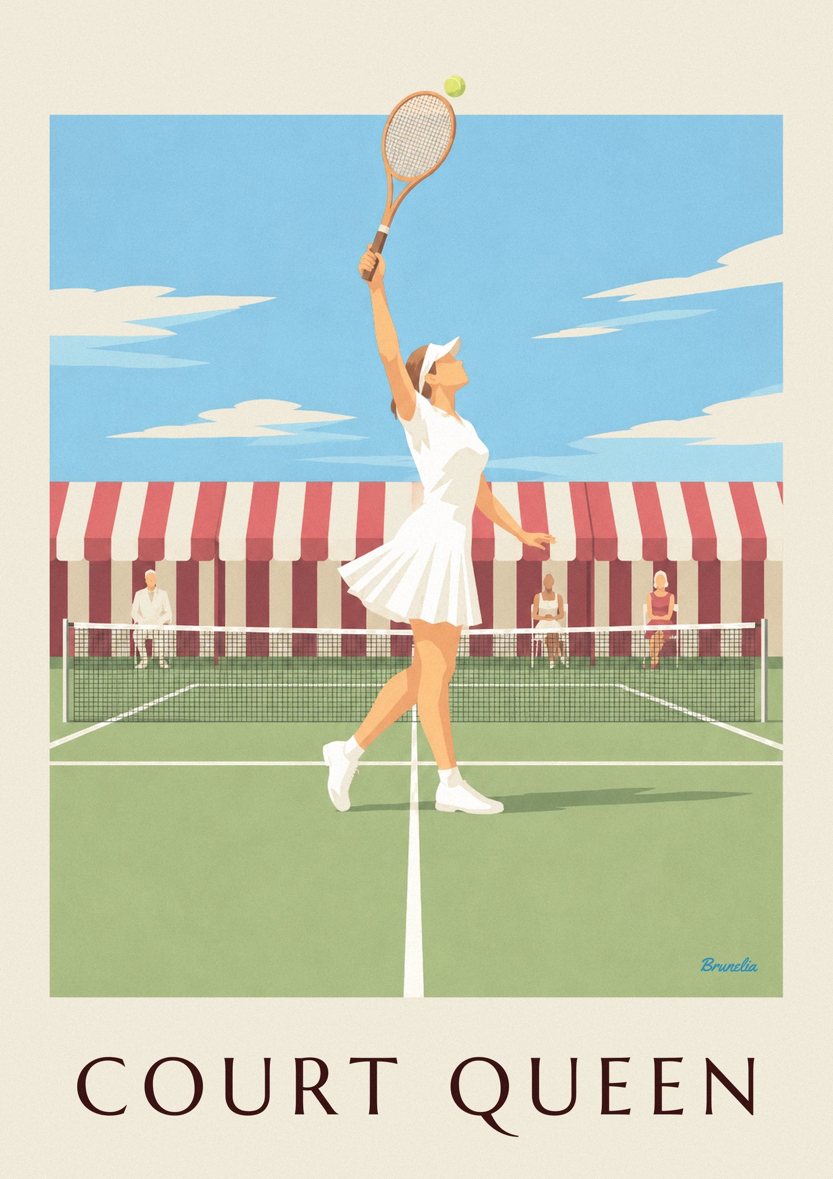 Grass court tennis player in pleated skirt and visor poster: close-up detail