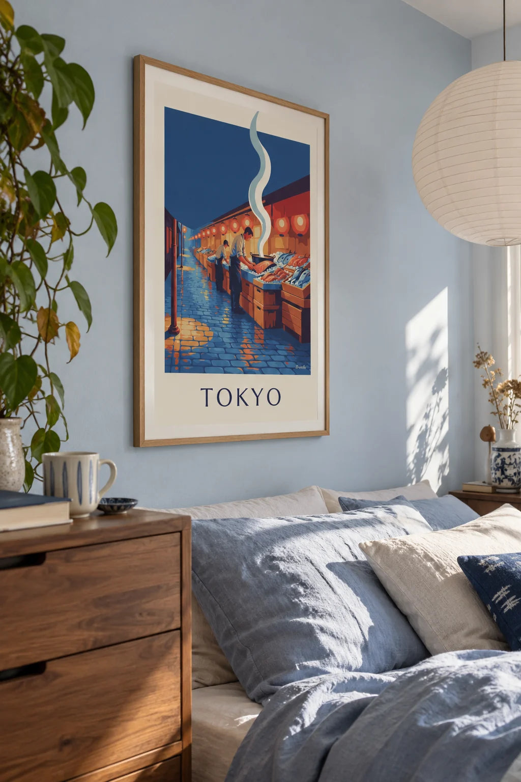 Cuisine : mise en situation de Affiche marché aux poissons de Tokyo sous les lanternes