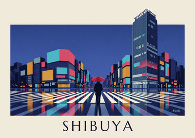 Poster Fußgängerüberweg in Shibuya bei Nacht im Regen: das ganze Poster