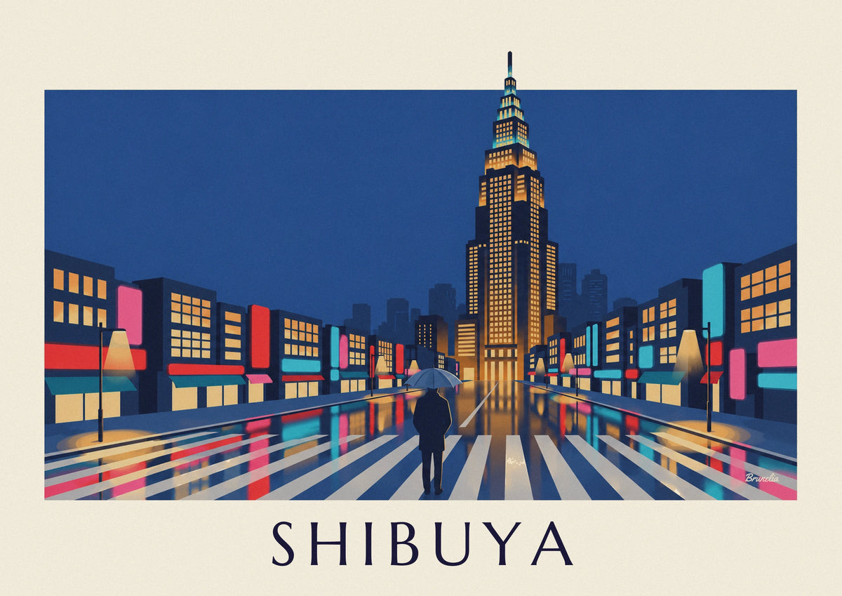 Affiche passage piéton de Shibuya la nuit sous la pluie