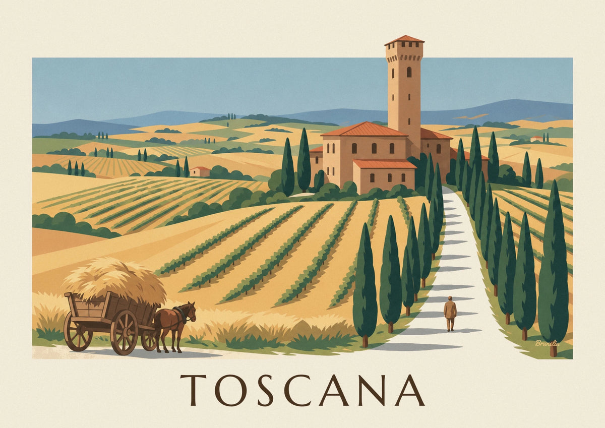 Tuscan villa, cypress lane and wheat hills poster
