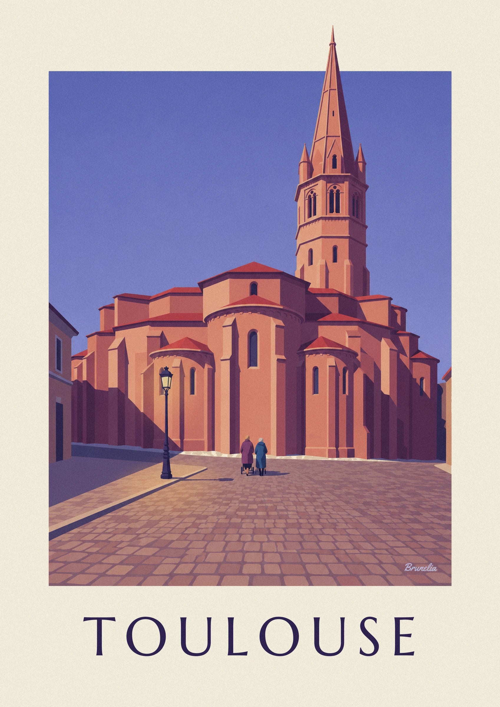 Le clocher de Saint-Sernin, ses baies cintrées et sa flèche sur le ciel bleu