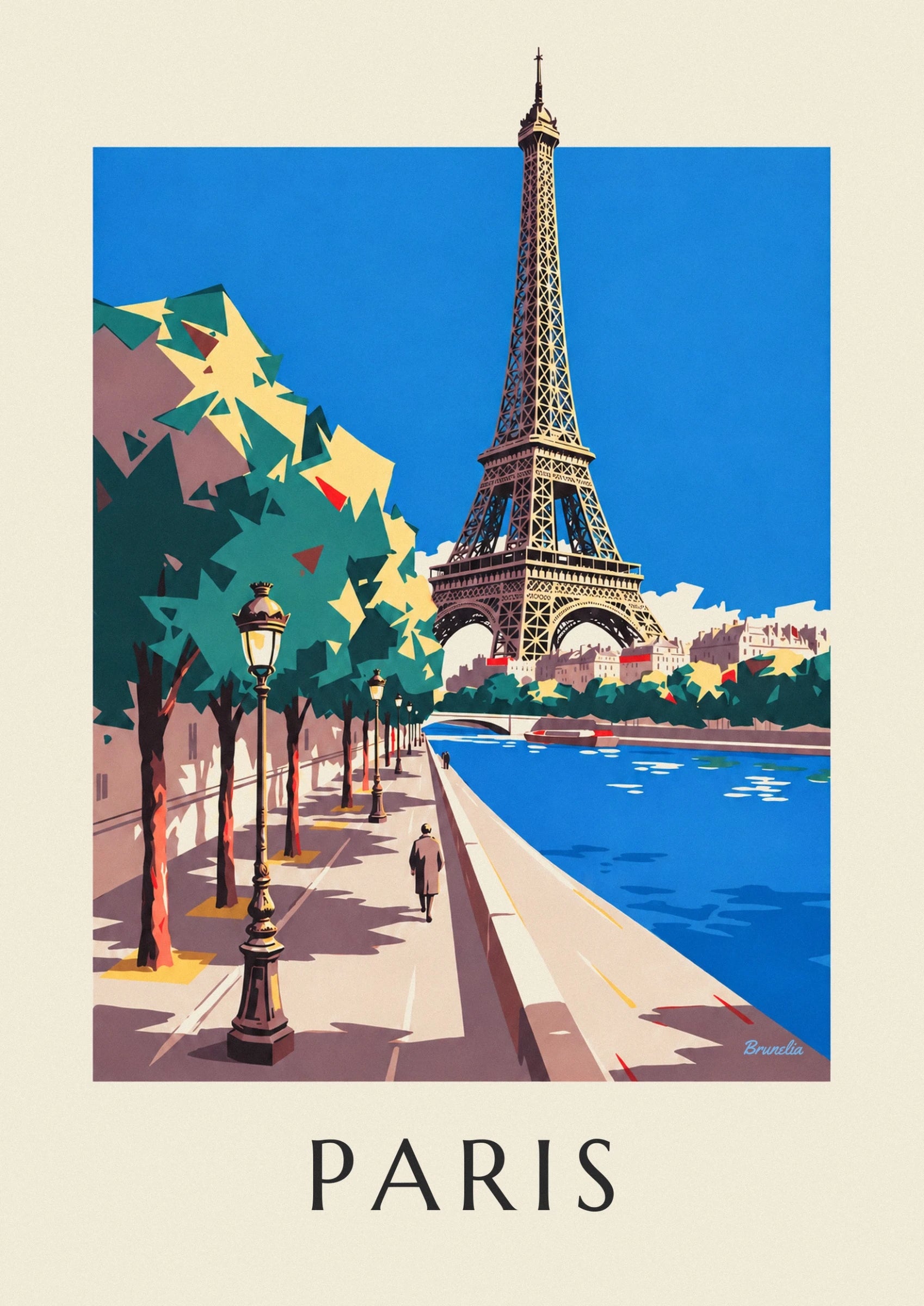 La structure ajourée de la tour Eiffel au-dessus des immeubles et des arbres