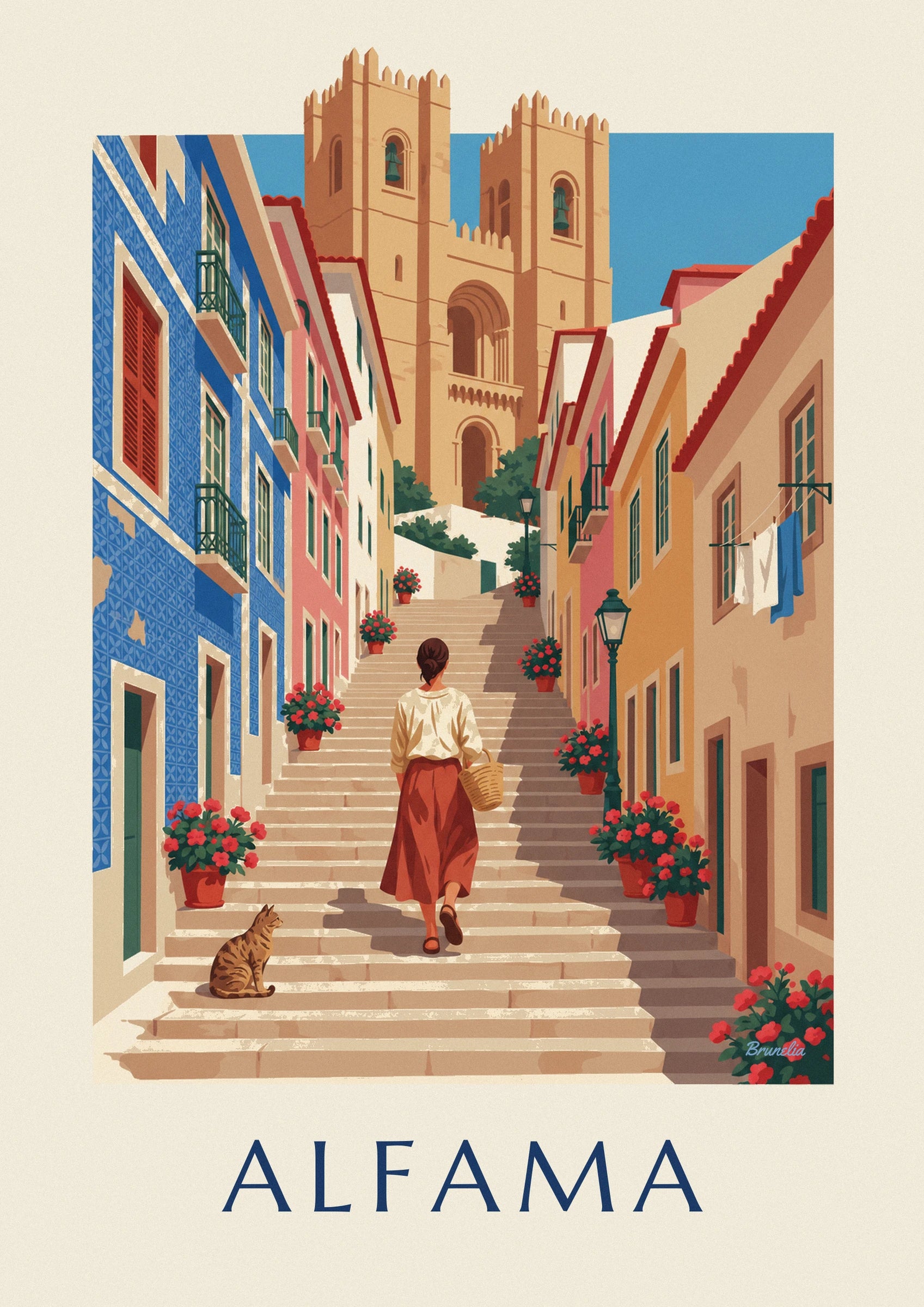 La femme en jupe rouge, son panier en osier au bras, qui monte l'escalier de pierre