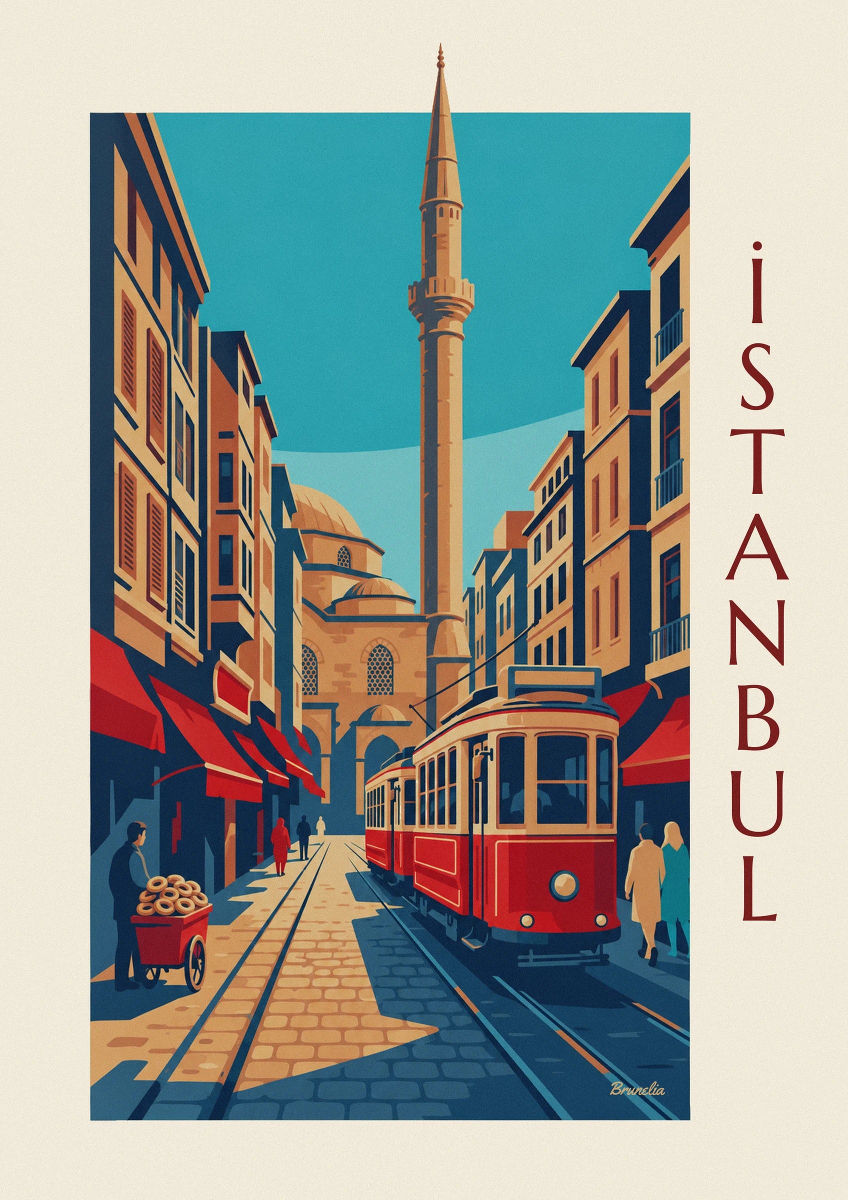 Die rot-cremefarbene Straßenbahn mit großen Fenstern und rundem Scheinwerfer auf der İstiklal Caddesi