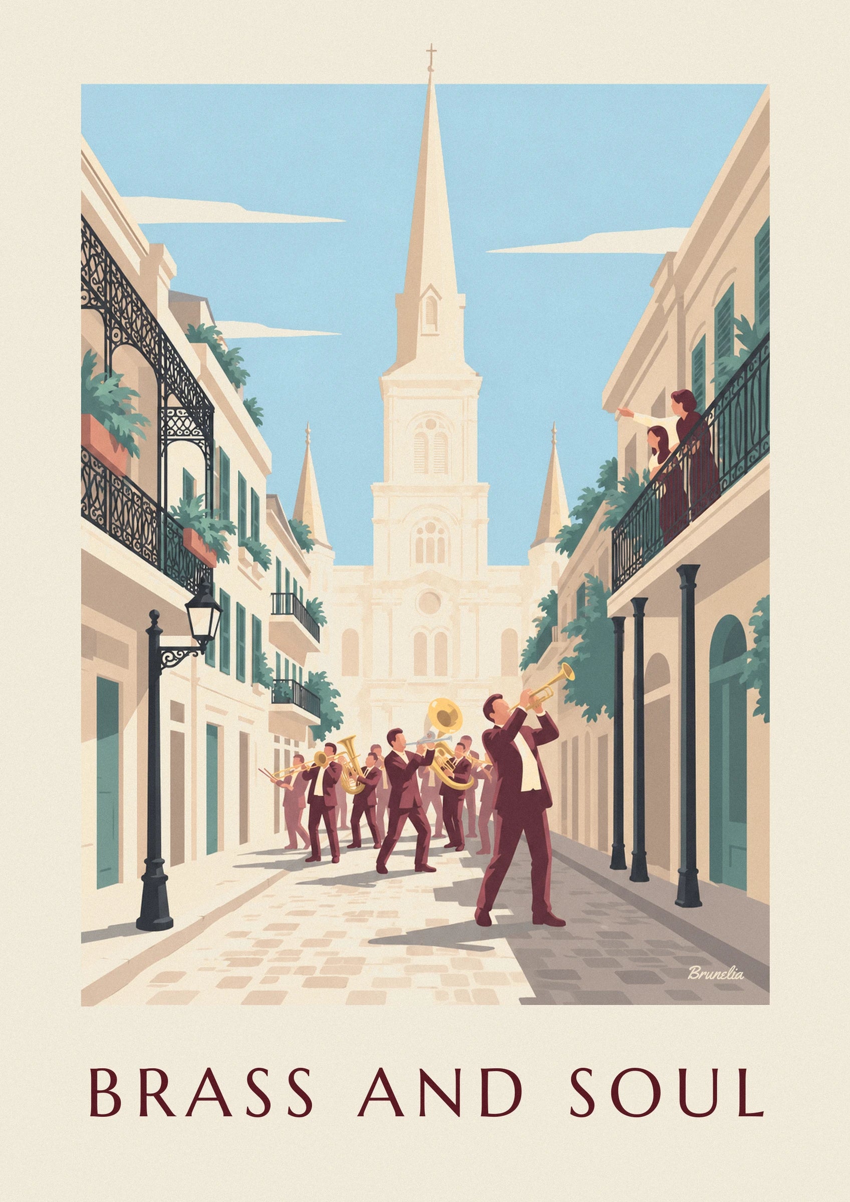 The trumpeter in a burgundy suit, with the gold bell raised in the sunlit street