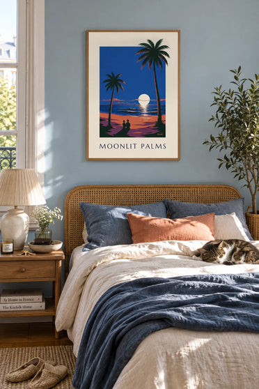 Poster Palmen unter Vollmond am Meer: gerahmt an der Wand