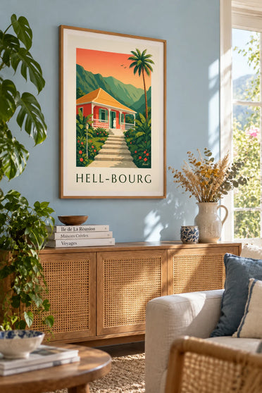 Poster kreolisches Haus mit Zierleisten in Hell-Bourg auf La Réunion: gerahmt an der Wand