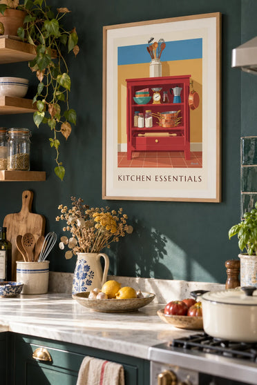 Poster rotes Küchenbuffet mit Kupfergeschirr: gerahmt an der Wand
