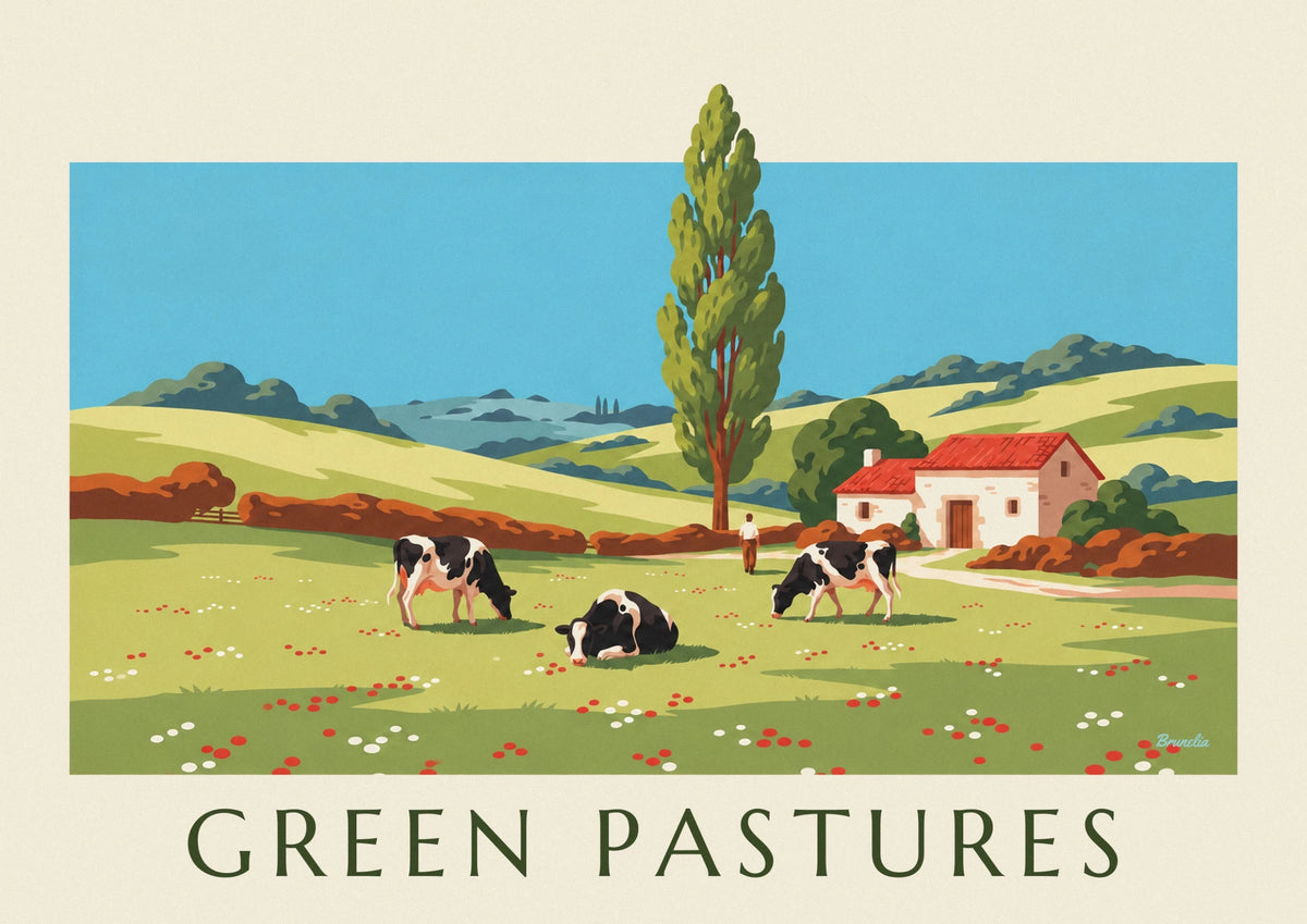 Free-roaming cows in rolling countryside poster