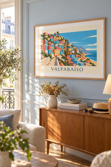 Affiche Valparaíso maisons colorées et funiculaire : encadrée au mur