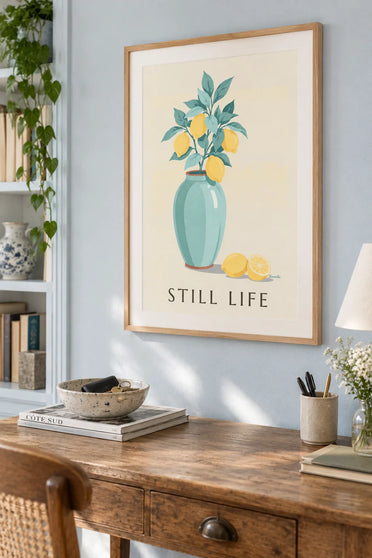 Affiche branche de citronnier dans un vase en céramique : encadrée au mur