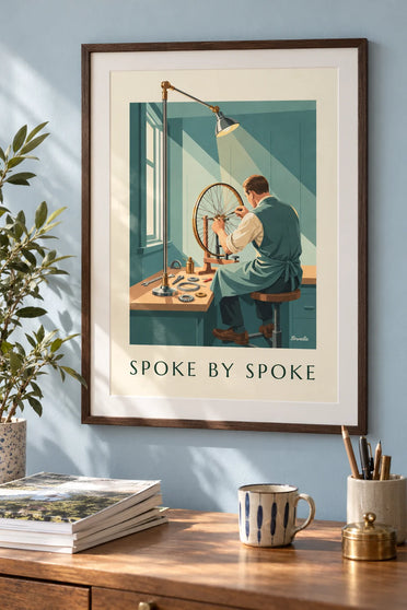 Craftsman building a bicycle wheel in his workshop poster: framed on the wall