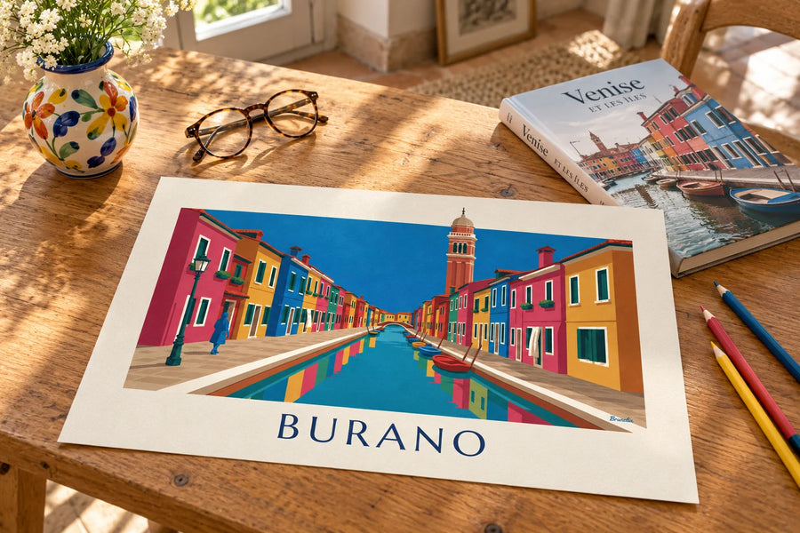 Affiche canal et maisons colorées de Burano, campanile penché : posée sur une table