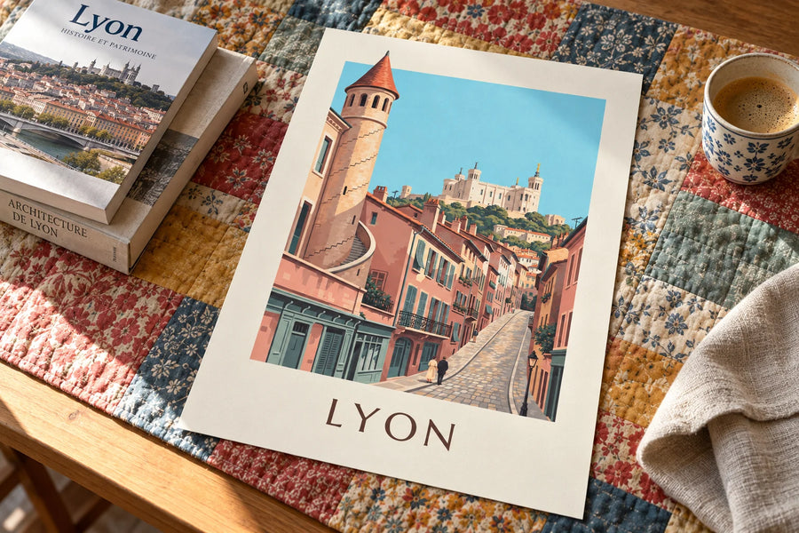 Poster Renaissance-Fassaden der Altstadt von Lyon und Fourvière: auf einem Tisch