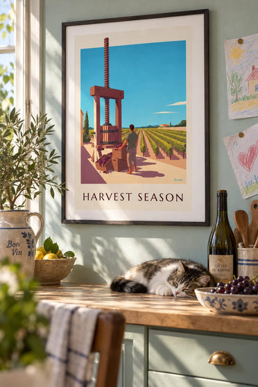 Poster of a wooden grape press at harvest time: framed on the wall