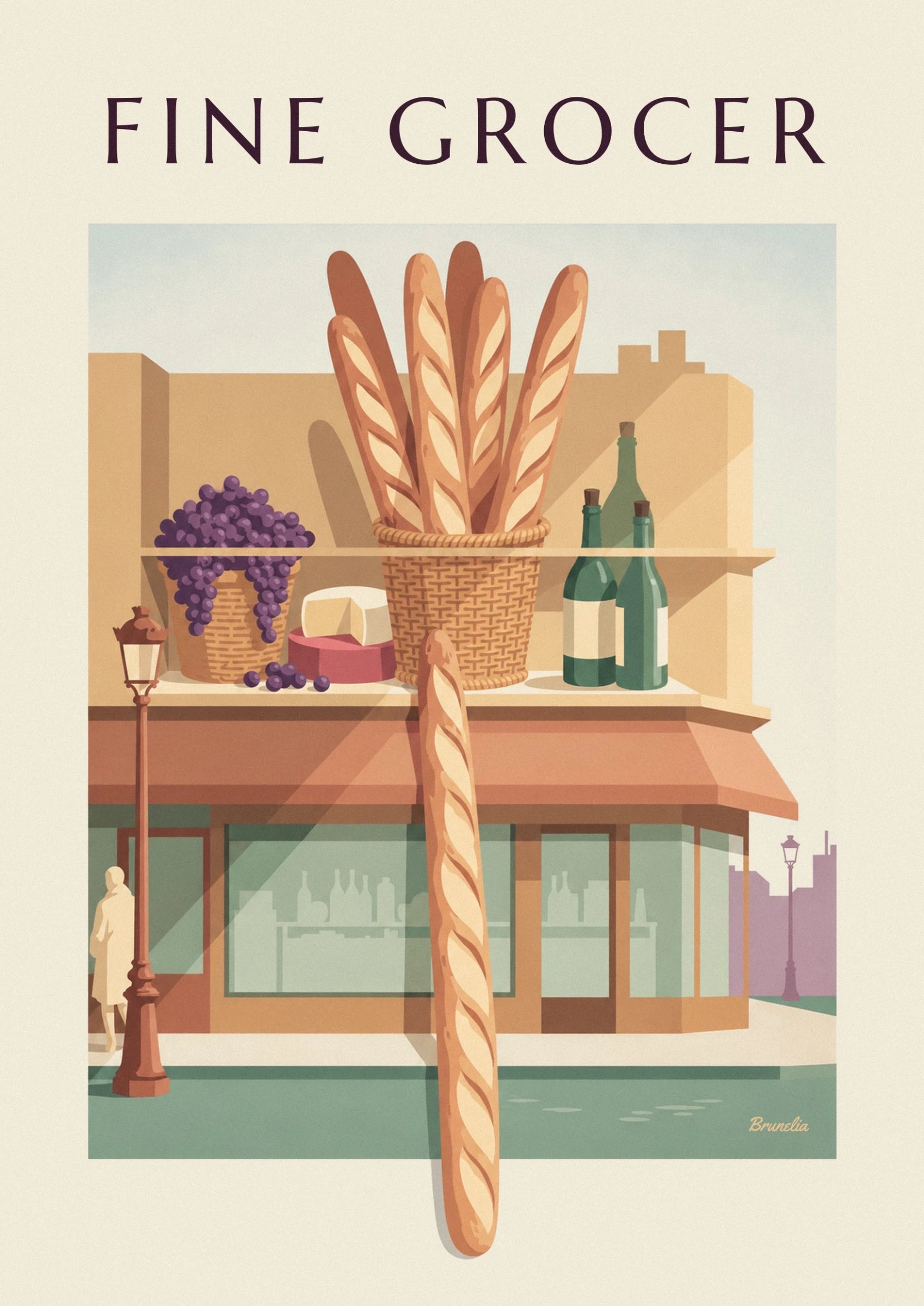 Golden baguettes in their woven basket, between cheese and a green bottle