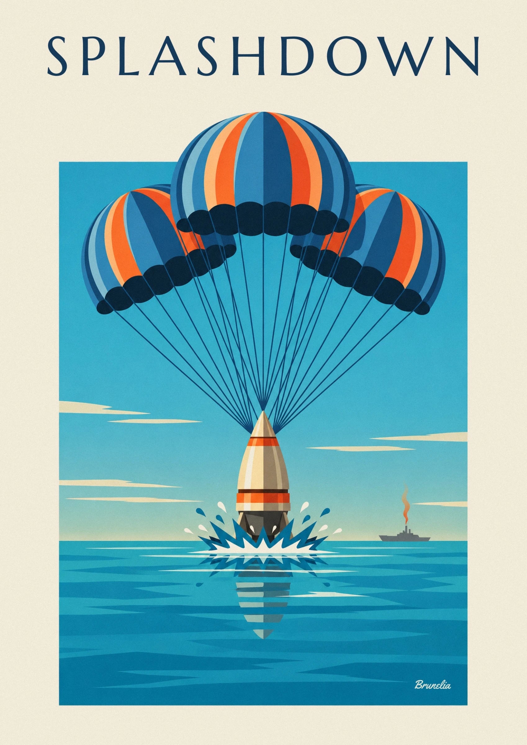 The cream capsule with orange stripes amid the ocean spray
