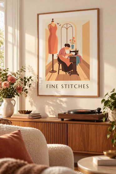 Poster Näherin an der Tretnähmaschine mit Schneiderpuppe: gerahmt an der Wand