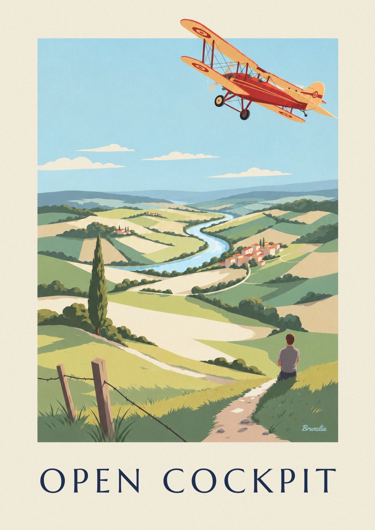 Countryside biplane in flight poster