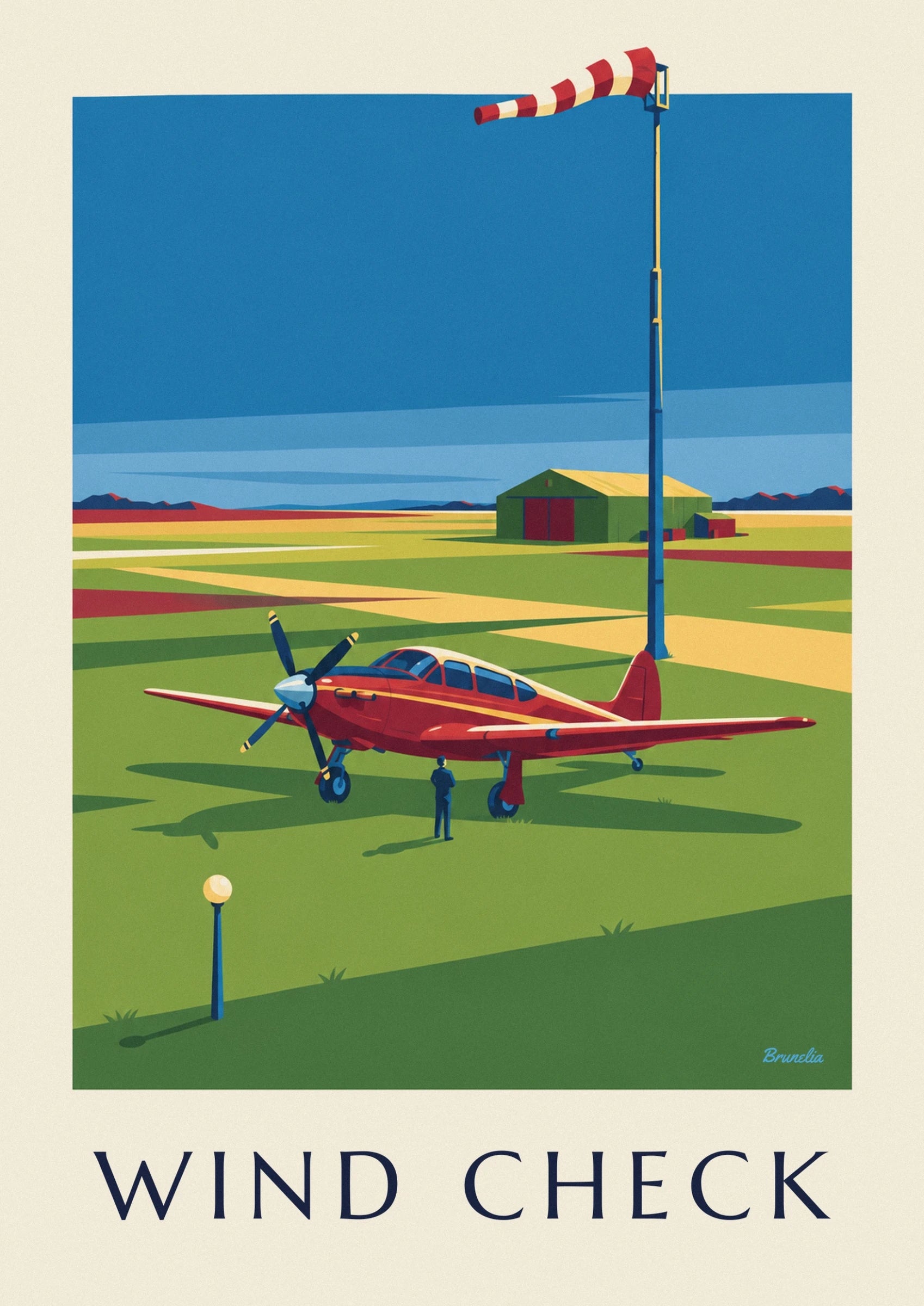 The red and cream aeroplane beside a figure in blue, in front of the airfield hangar