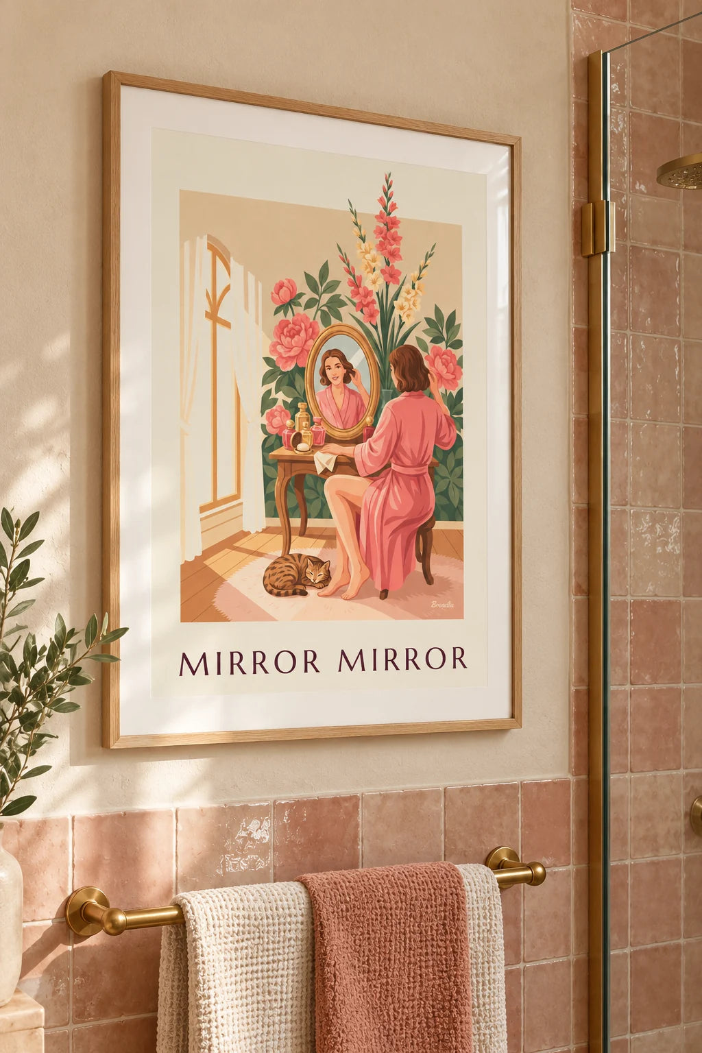 Bathroom: Woman at a vanity mirror with floral background poster on the wall