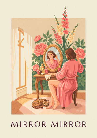 Poster Frau am Frisierspiegel vor Blumenhintergrund: das ganze Poster