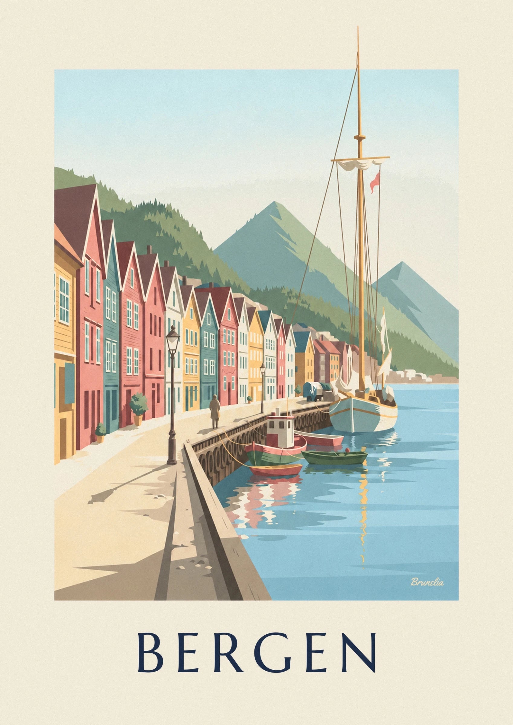 Les façades colorées aux toits pointus de Bryggen et un réverbère sur le quai