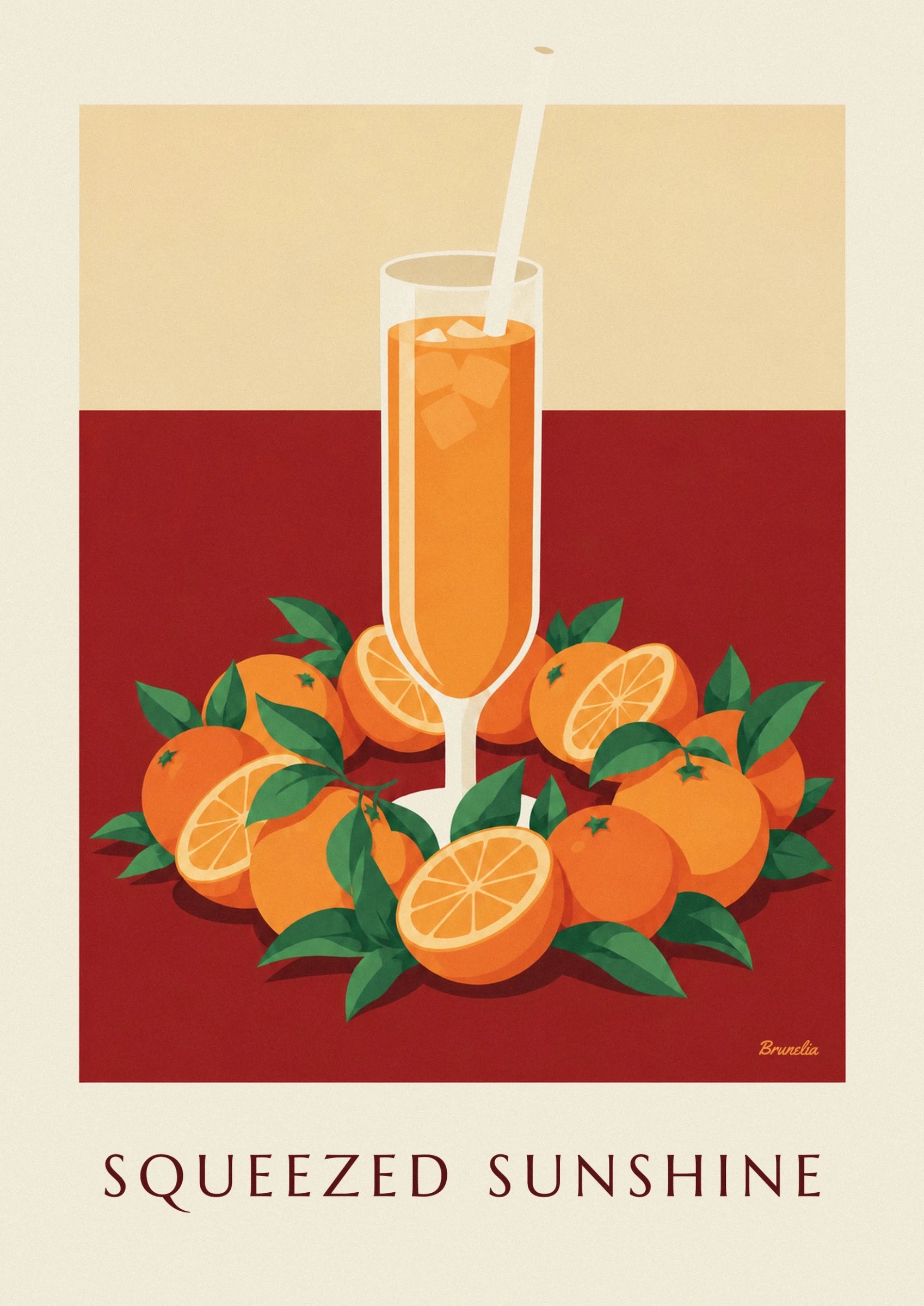 A tall glass of orange juice with ice cubes, surrounded by oranges and green leaves