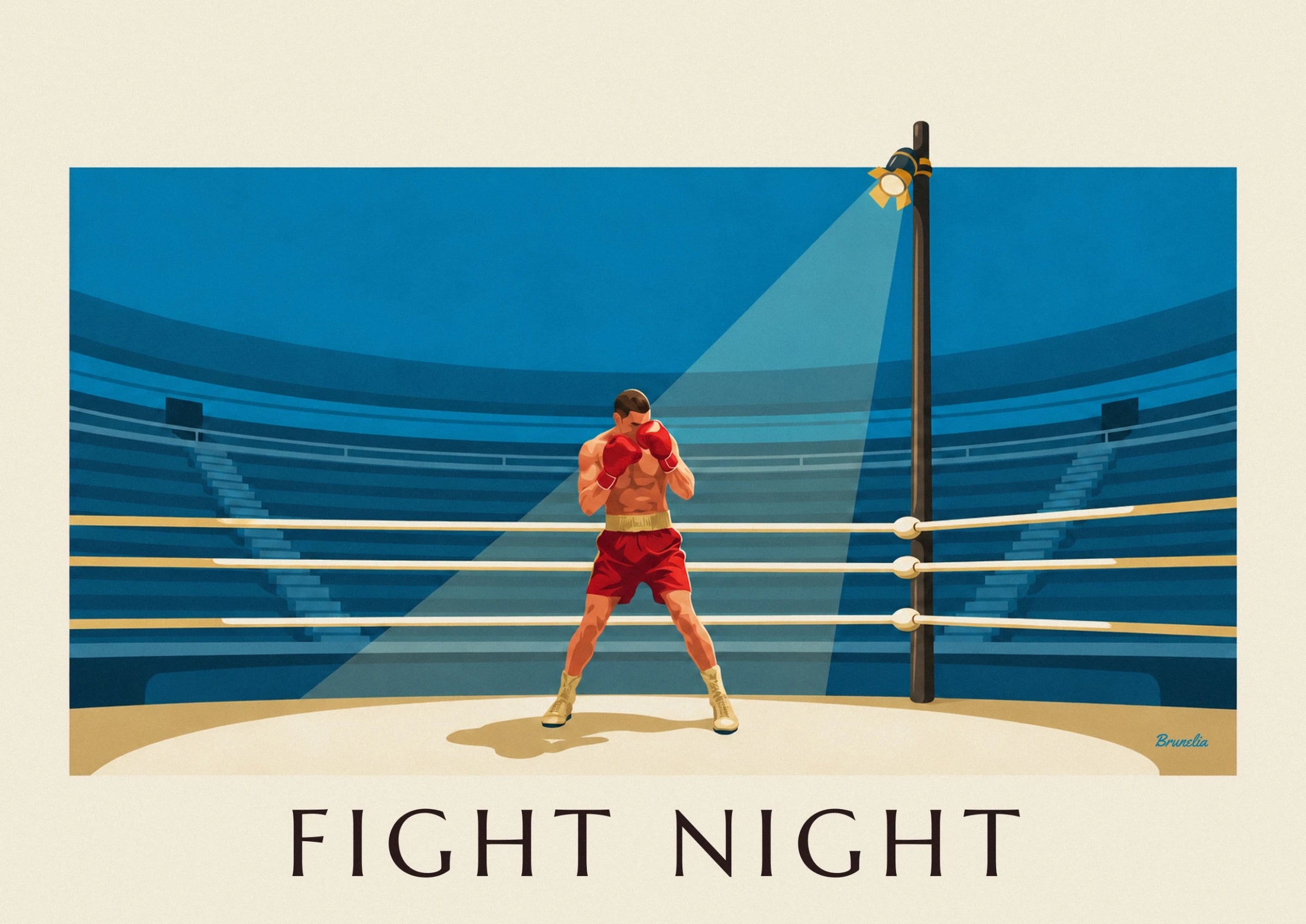 The boxer in a guard stance, wearing red gloves and shorts and pale shoes in the ring