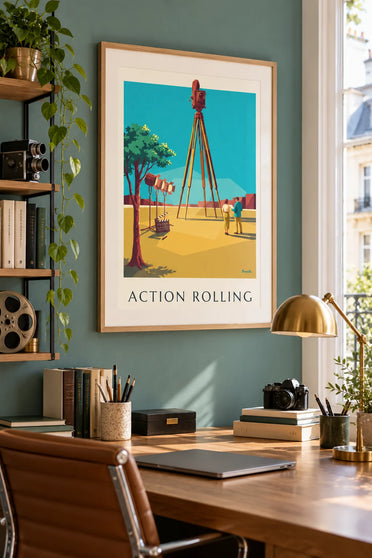 Affiche caméra de cinéma sur trépied sur un plateau de tournage : encadrée au mur
