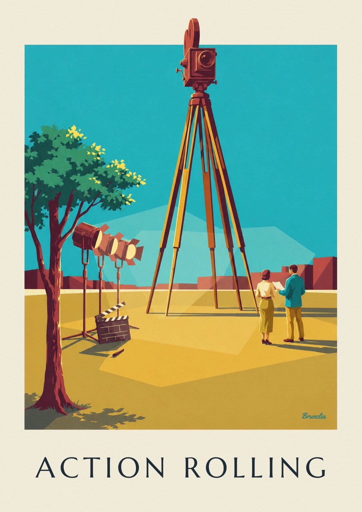 Cinema camera on a tripod on a film set poster