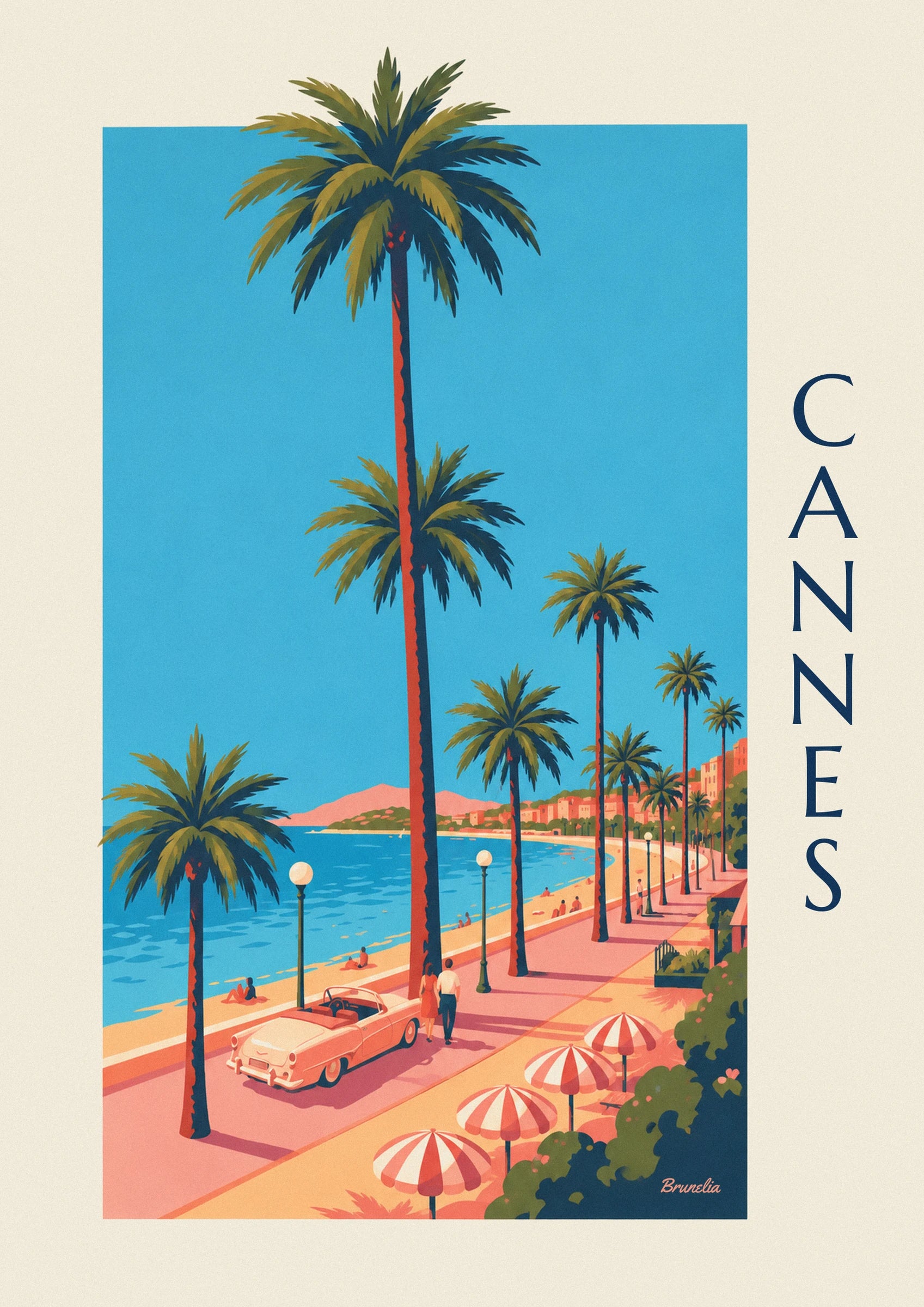 Das rosa Cabrio und das Paar bei einer Spritztour, mit Blick auf den Strand und 2 gestreifte Sonnenschirme