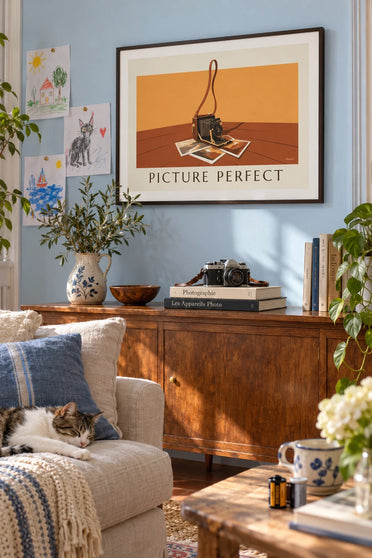 Poster Balgenkamera und Fotografien auf einem Tisch: gerahmt an der Wand