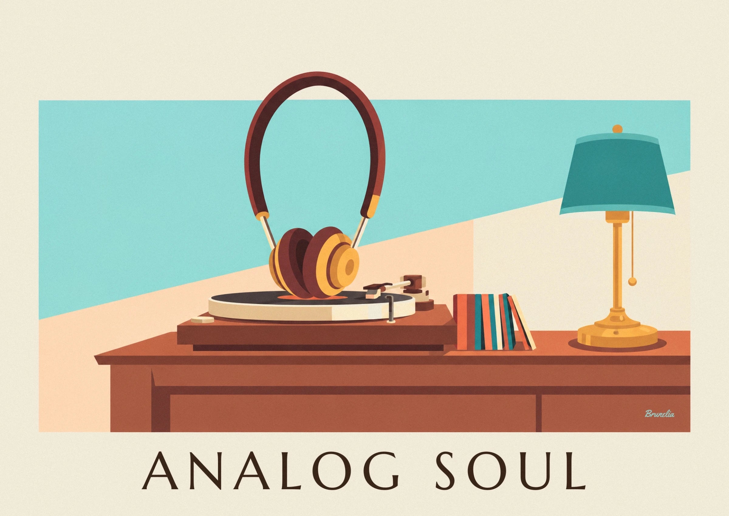 The headphones with burgundy and golden ear cushions, resting on the vinyl record