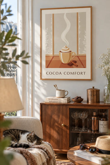 Affiche tasse de chocolat chaud fumante près d'une fenêtre givrée : encadrée au mur