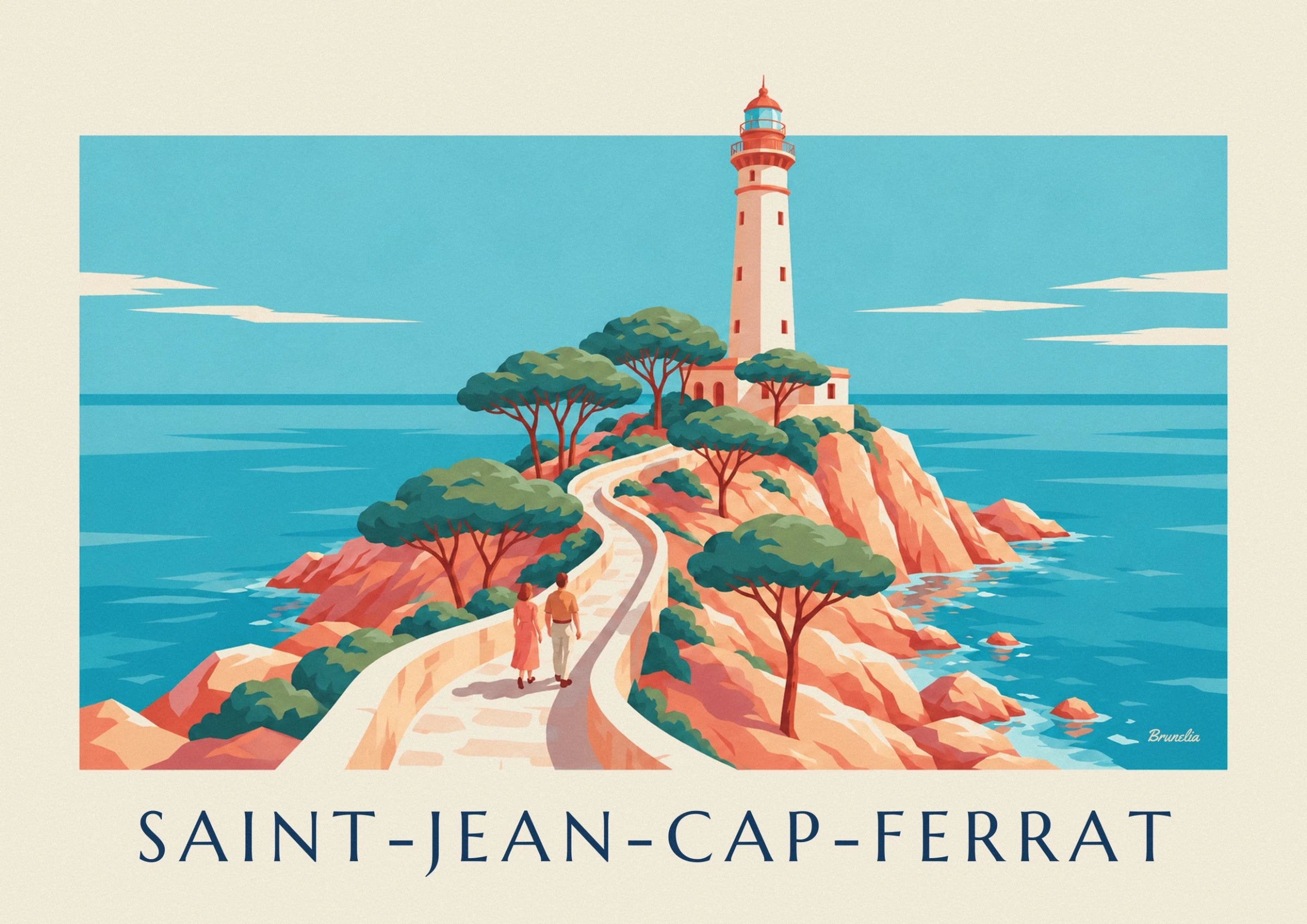 Le phare blanc aux galeries rouges et à la lanterne bleue, entre les pins