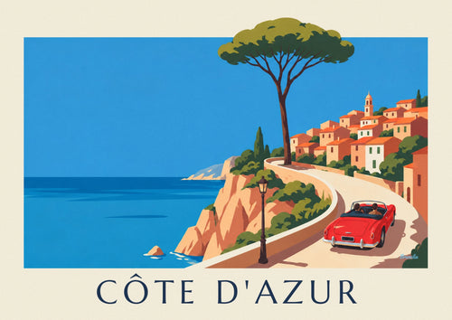 Affiche cabriolet rouge sur la corniche de la Côte d'Azur : l'affiche entière