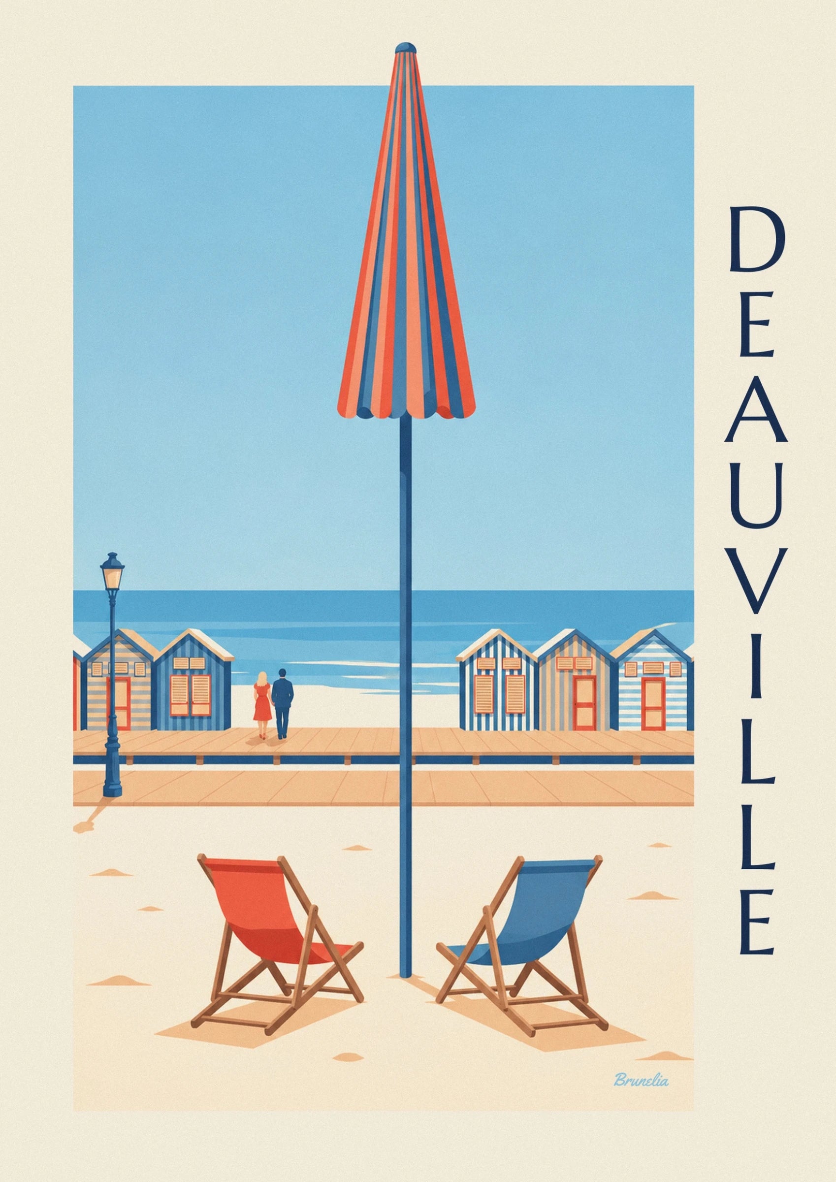 A closed parasol with orange and blue stripes against the turquoise sea